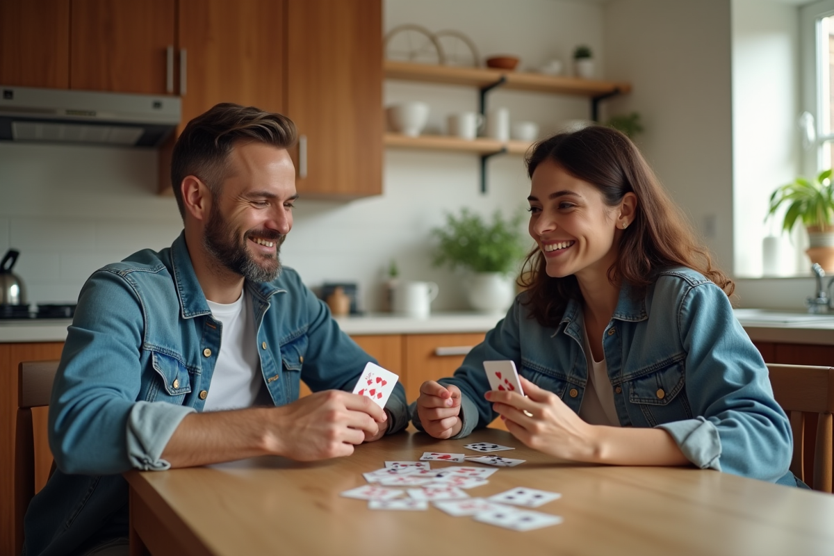 Adultes jouent à un jeu de cartes dans la cuisine