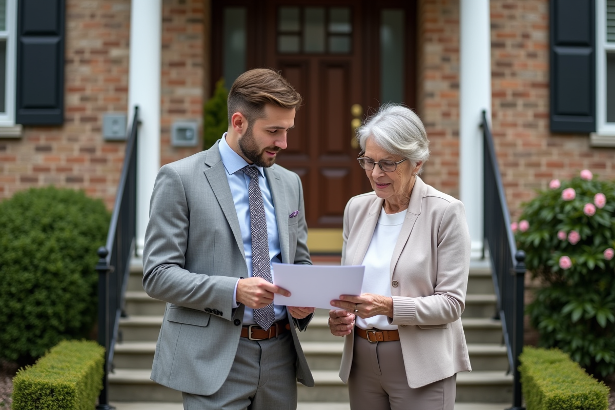 Agent immobilier en costume devant une maison avec client