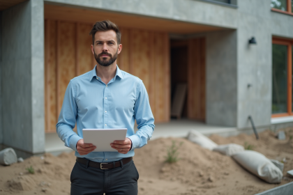 Architecte homme avec plans sur site de construction maison