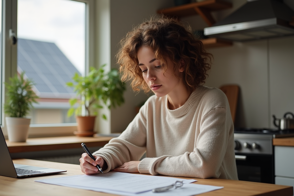 Femme lisant contrat d electricity dans sa cuisine