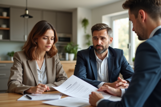 Couple d'adultes examinant des documents de prêt immobilier