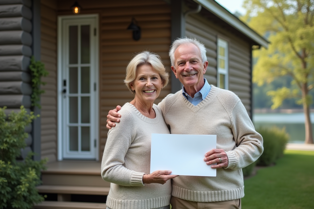 Couple senior souriant devant cabane au bord du lac