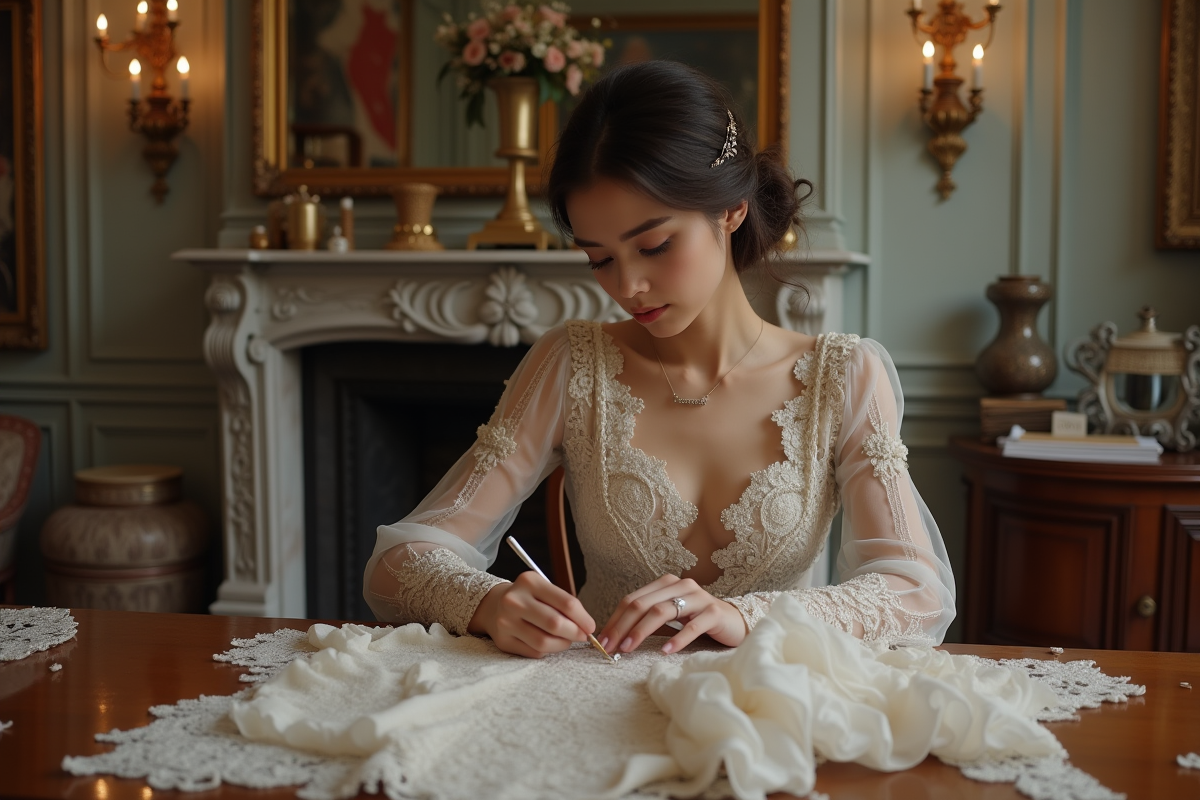Jeune couturiere de la Belle Époque travaillant la dentelle