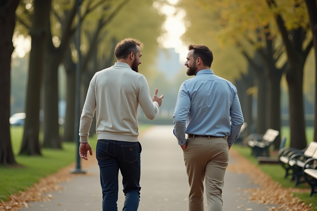 Deux hommes discutant en marchant dans un parc arboré