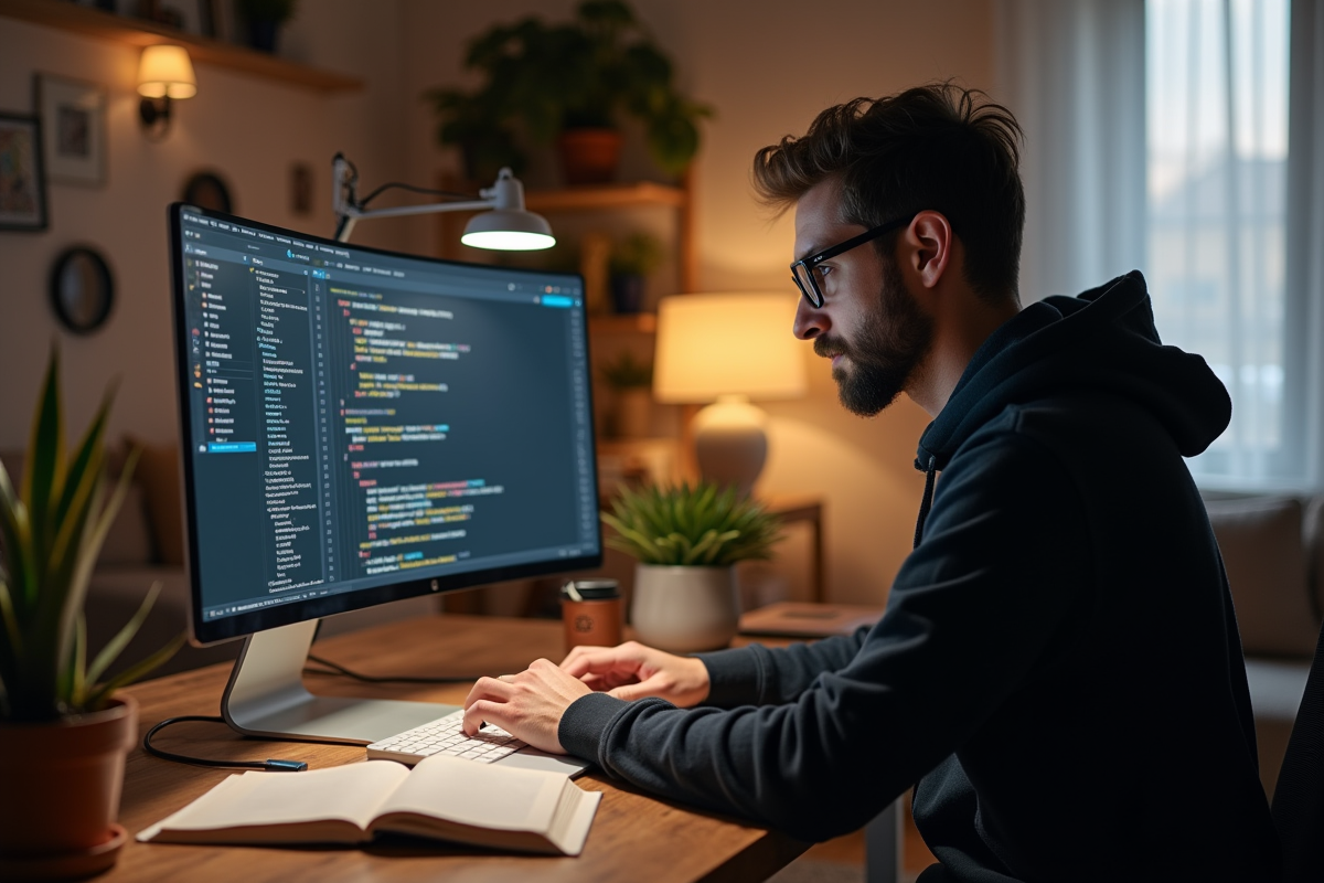 Jeune développeur analysant du code blockchain dans son bureau