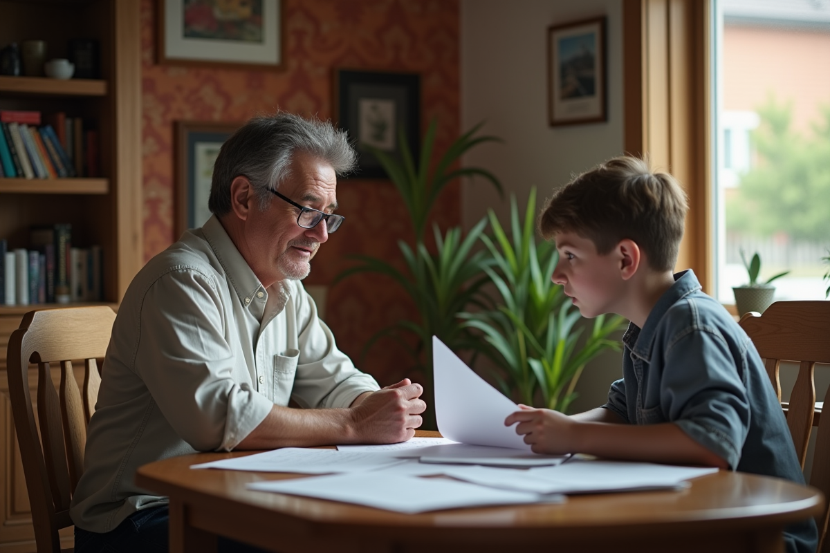 Homme et adolescent discutent documents à la table