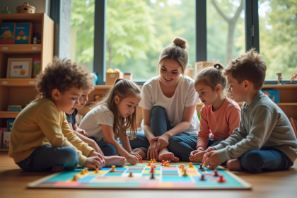 Enfants et professeur jouent &agrave; un jeu &eacute;ducatif en classe