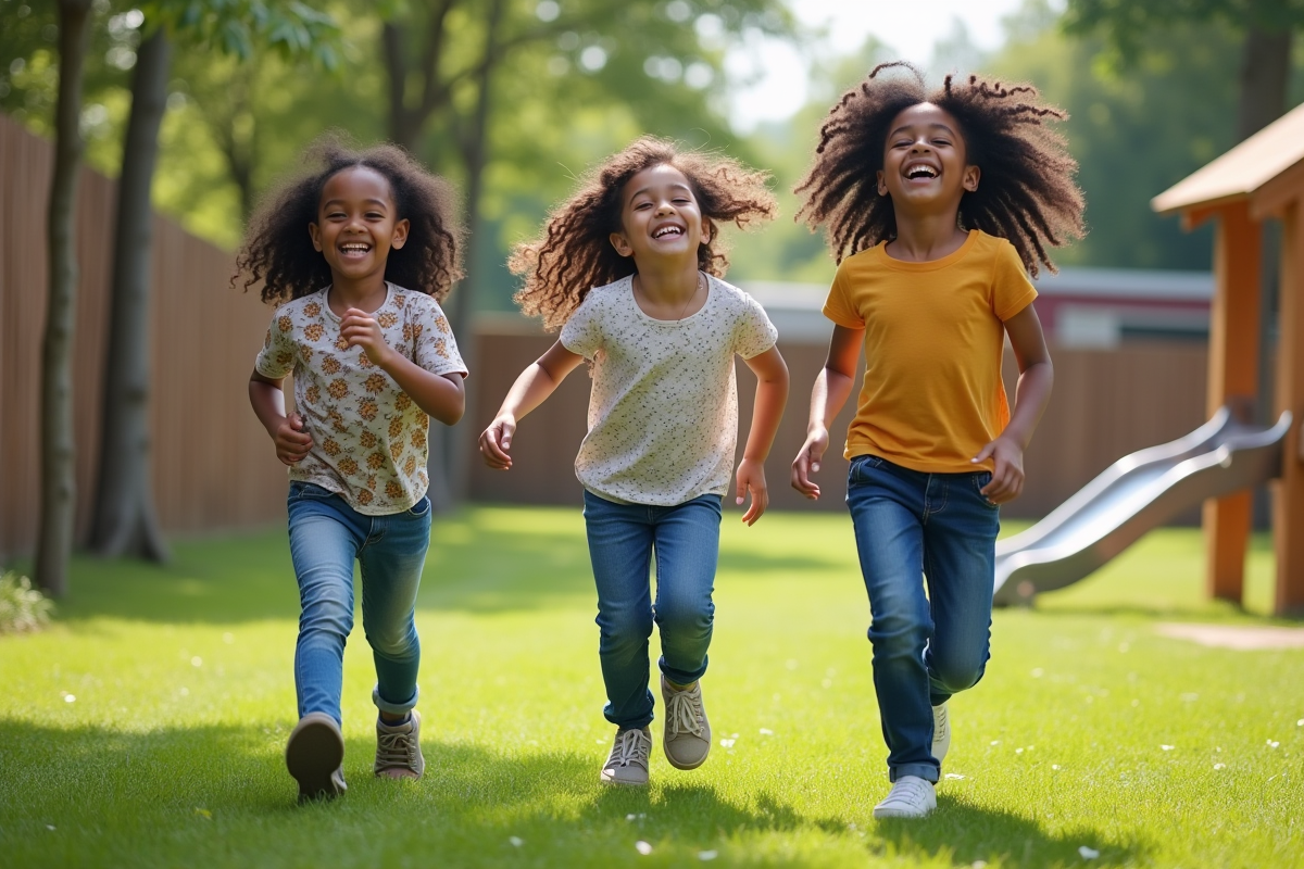 Trois enfants courant et riant dans la cour de l