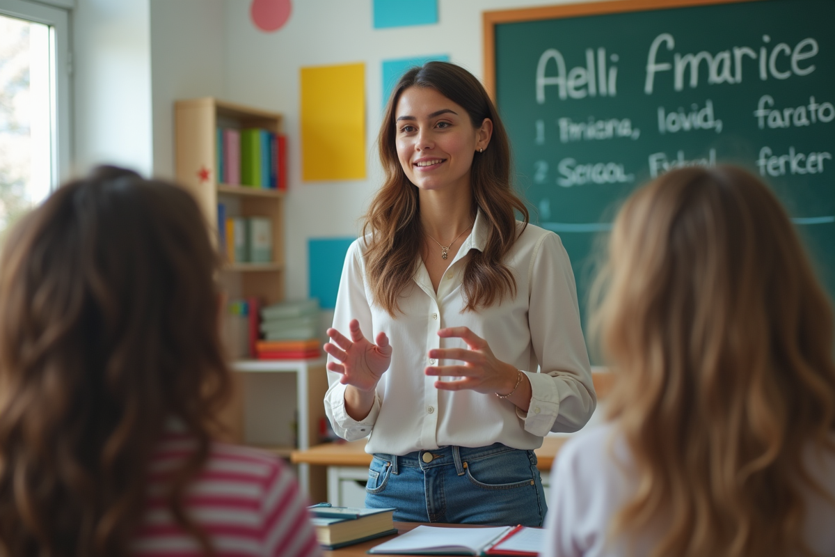 Jeune femme enseignant des enfants en classe moderne