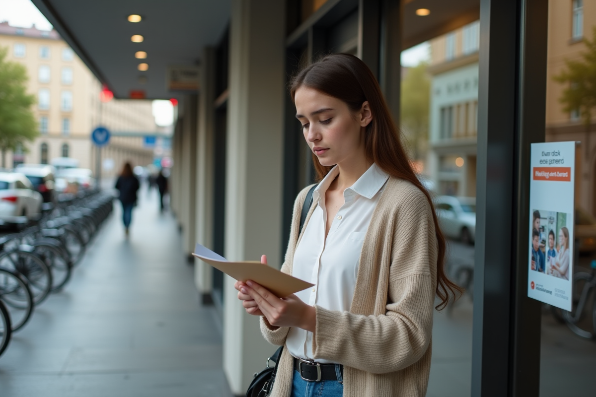 Etudiante heureuse vérifiant une enveloppe à la banque