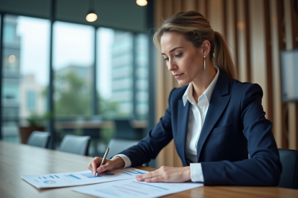Femme d'affaires en costume bleu analysant des graphiques financiers