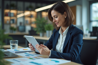 Femme d affaires examine des graphiques sur une tablette