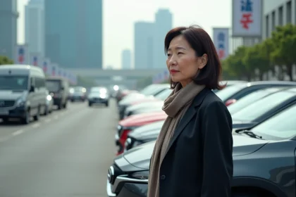 Femme d'affaires asiatique devant un concessionnaire automobile