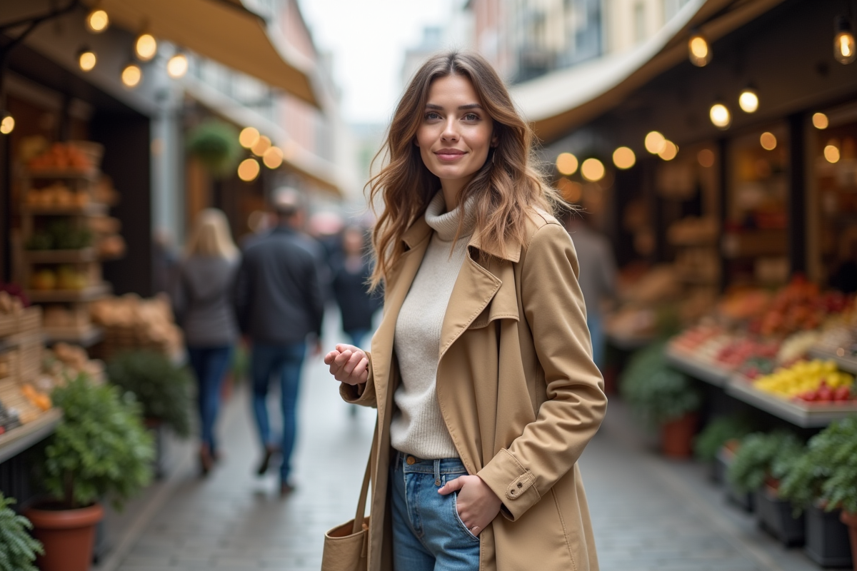 Jeune femme avec sac réutilisable dans un marché urbain