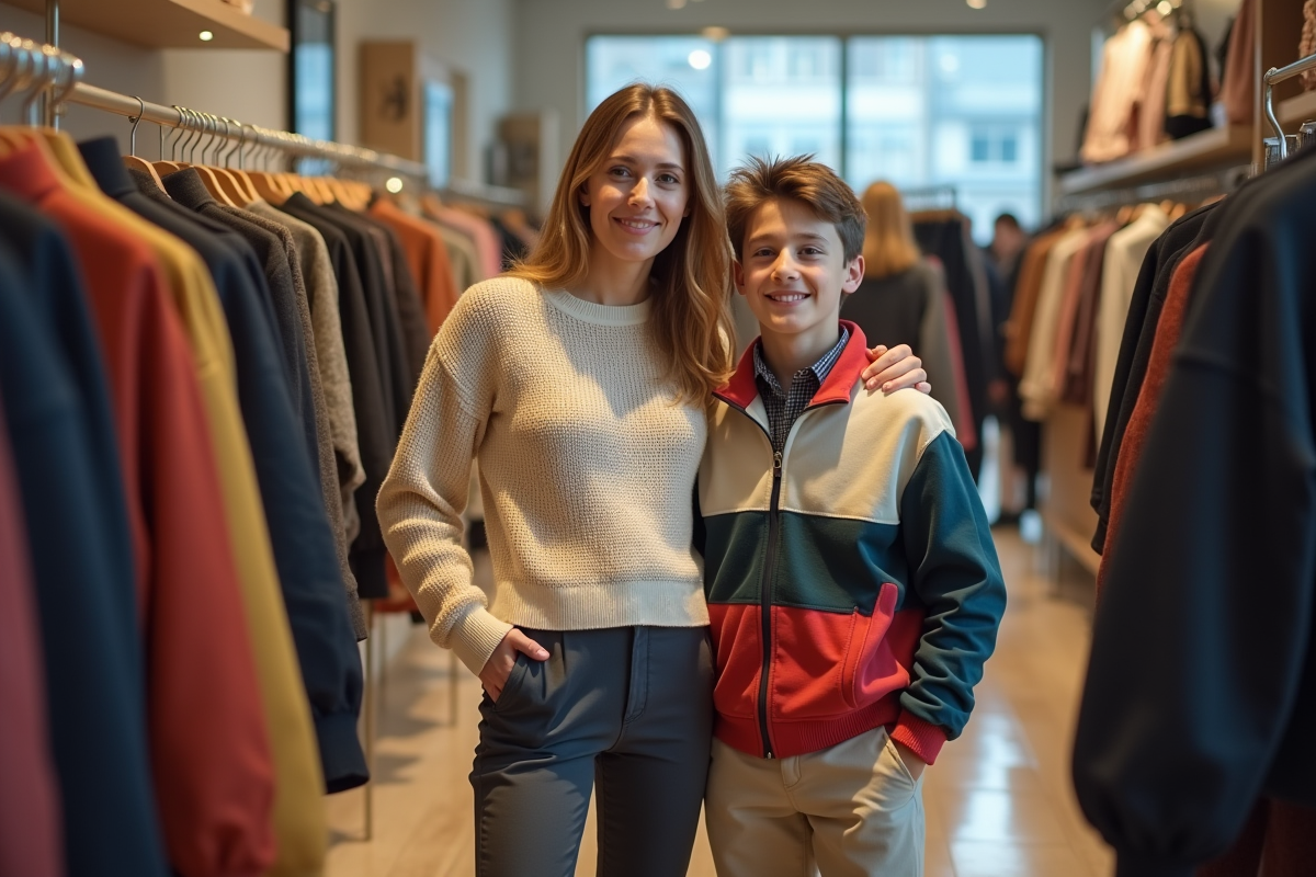 Femme et adolescent faisant du shopping dans une boutique