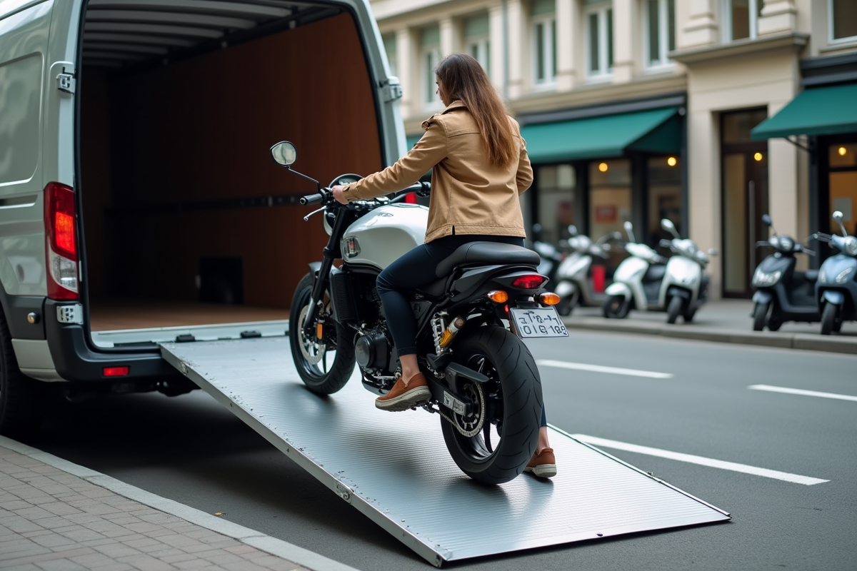 Jeune femme chargeant une moto dans un van en ville