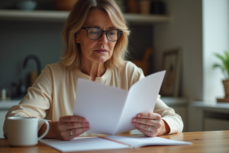 Femme en blouse comparant deux livrets d'épargne à la maison