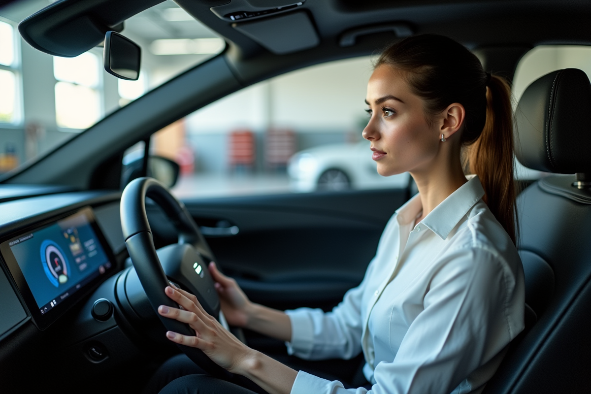 Jeune femme dans une voiture à hydrogène vérifiant le tableau de bord intérieur