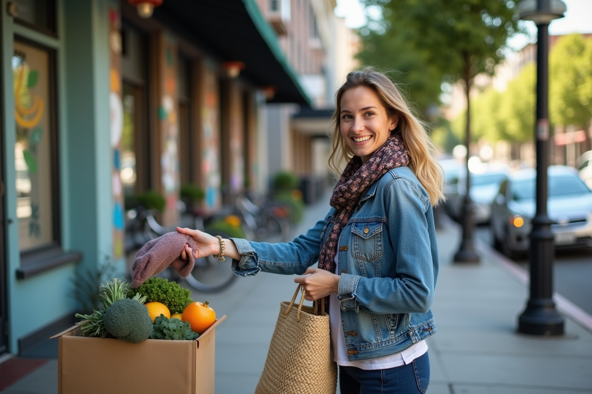 Femme souriante donnant un vêtement à une collecte urbaine