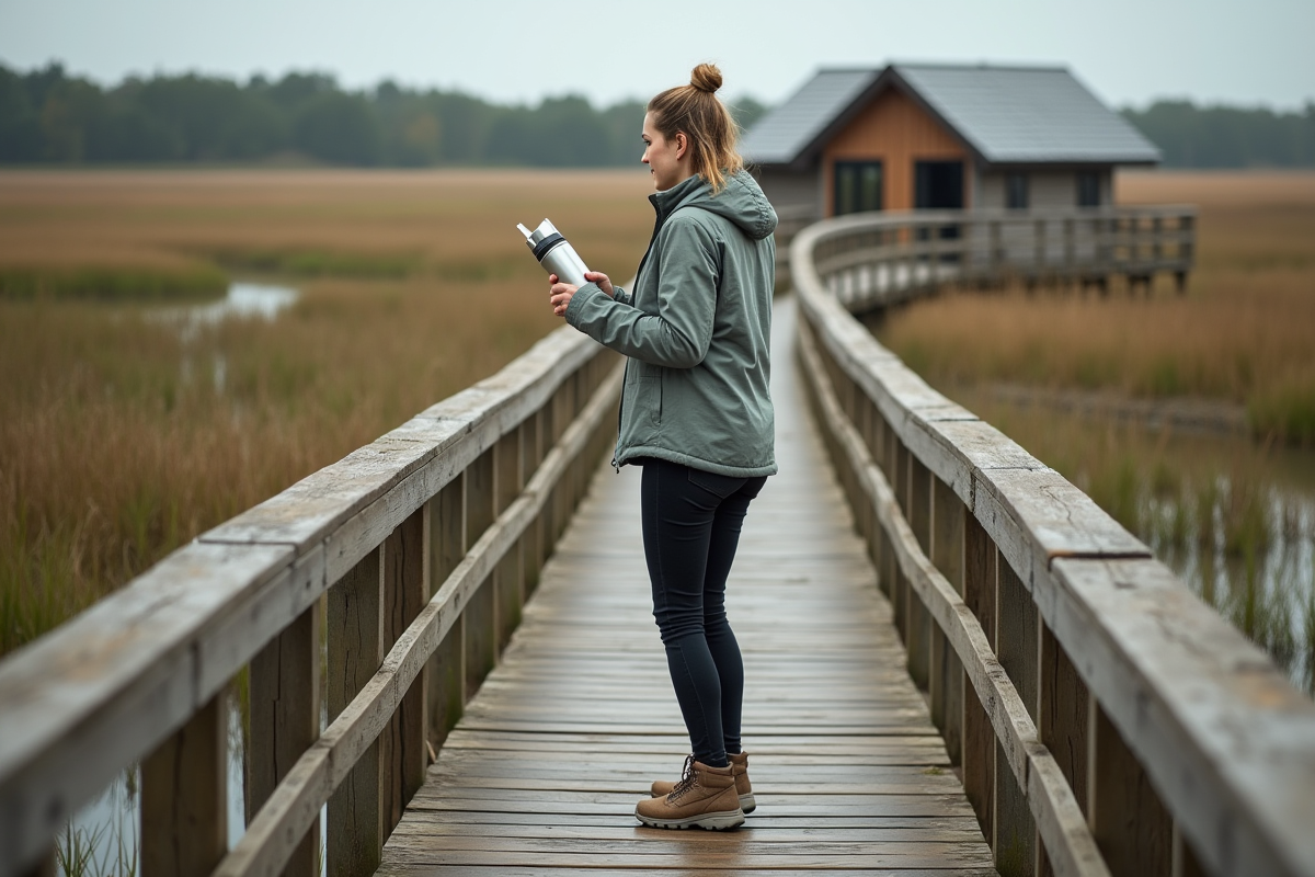 Femme en randonnée lisant un panneau d ecotourisme dans la nature