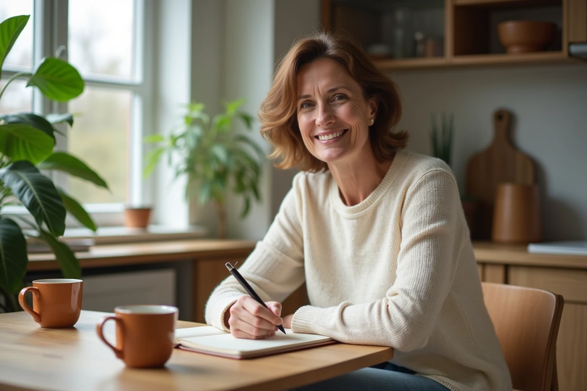 Femme d'âge moyen écrivant dans un journal à la maison