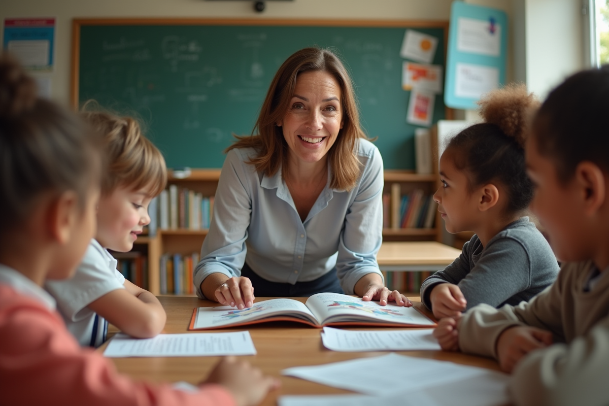 Femme moderne montrant livre à des enfants en classe