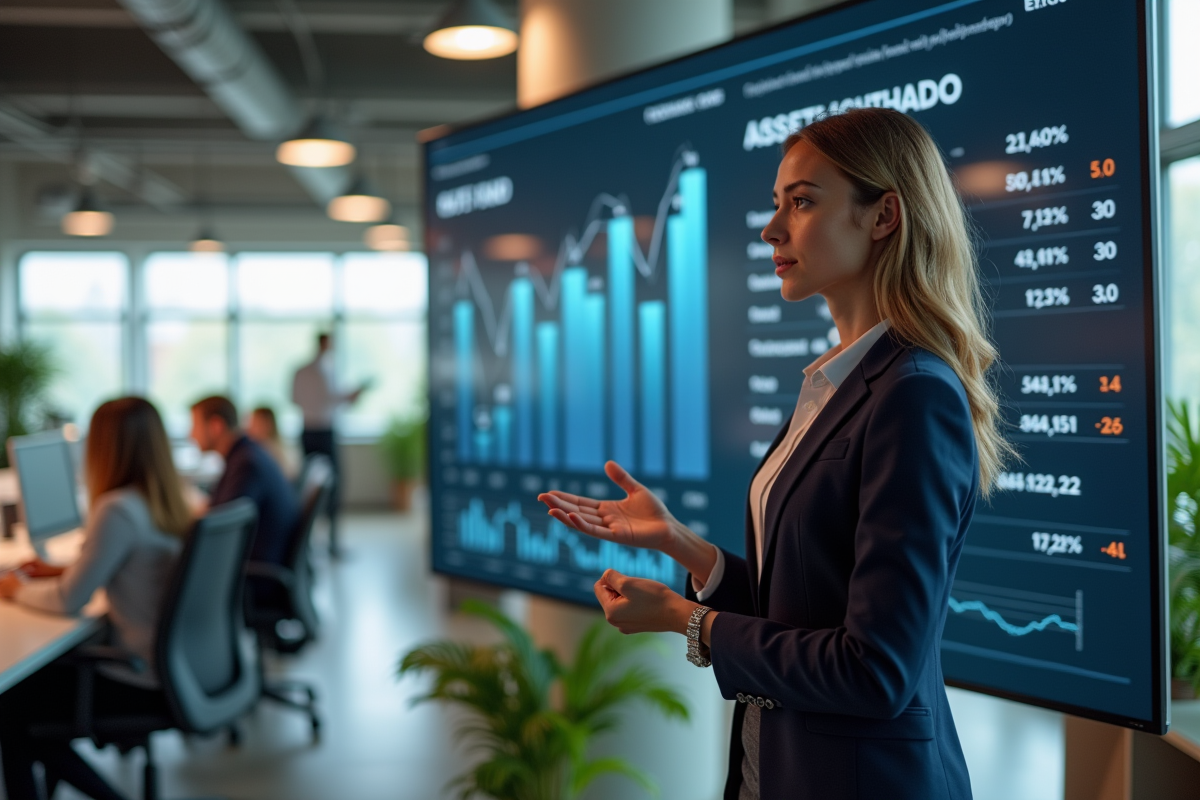 Jeune femme professionnelle pointant un écran de fonds d