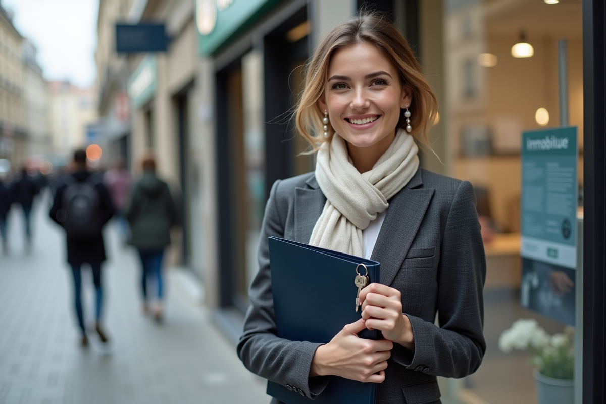 Jeune femme professionnelle tenant des clés et un dossier immobilier