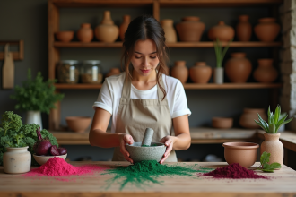 Femme en tablier de lin moulant des pigments naturels