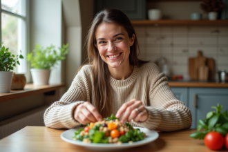 Femme souriante prépare une salade colorée à la maison