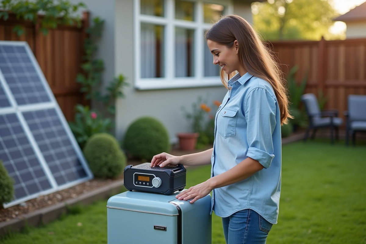 Jeune femme vérifiant un générateur solaire extérieur