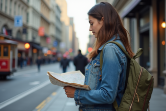 Jeune femme avec carte dans une rue de San Francisco