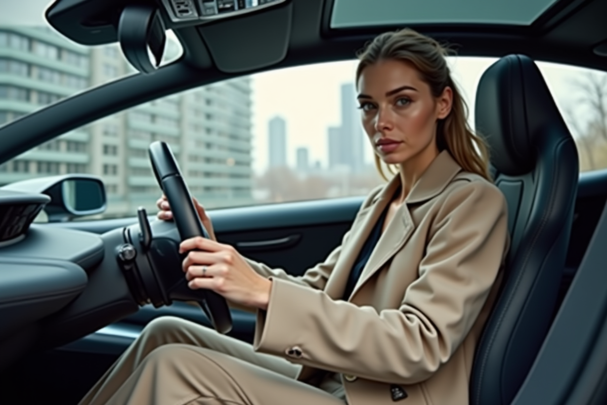 Femme au volant dans un environnement urbain moderne