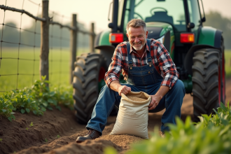 Fermeur en overalls versant fertilisant dans un champ vert