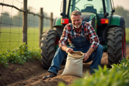 Fermeur en overalls versant fertilisant dans un champ vert
