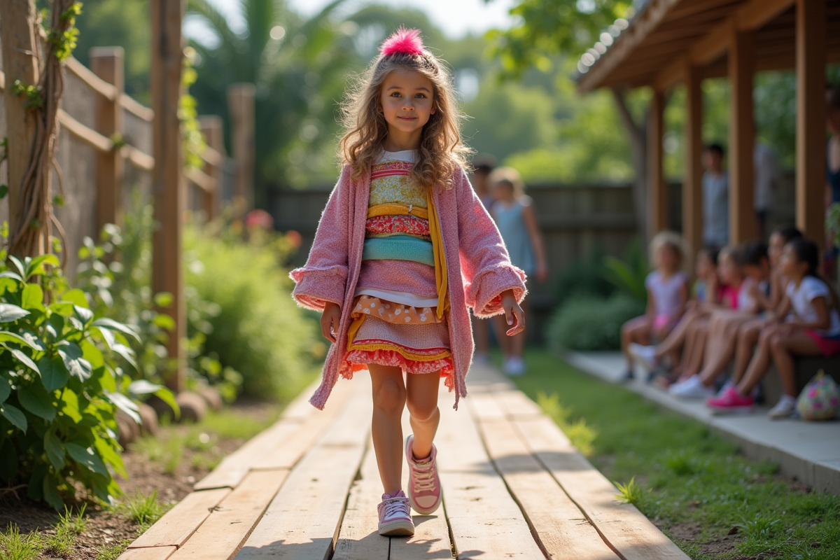 Fille de 7 ans marchant sur un podium en jardin urbain