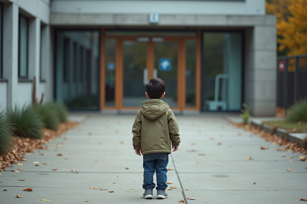 Jeune garçon de 8 ans devant un bâtiment de protection de l