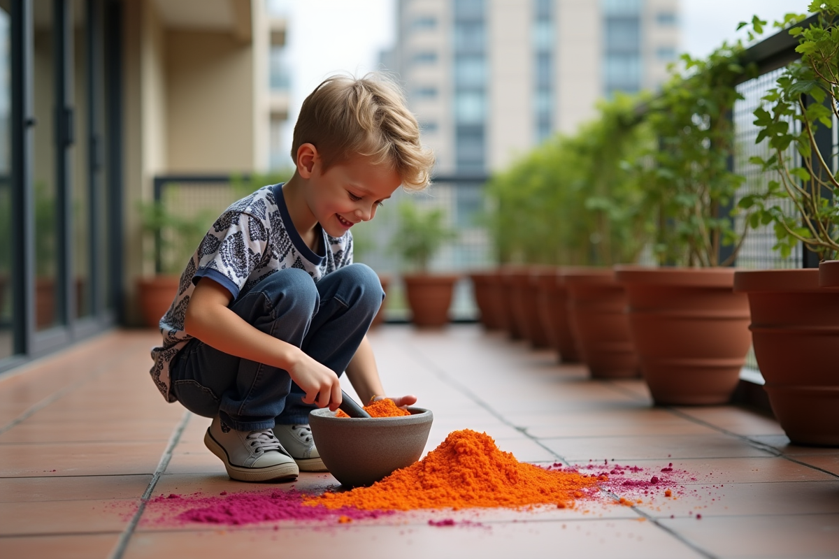 Garçon de 10 ans utilisant un mortier sur un balcon urbain