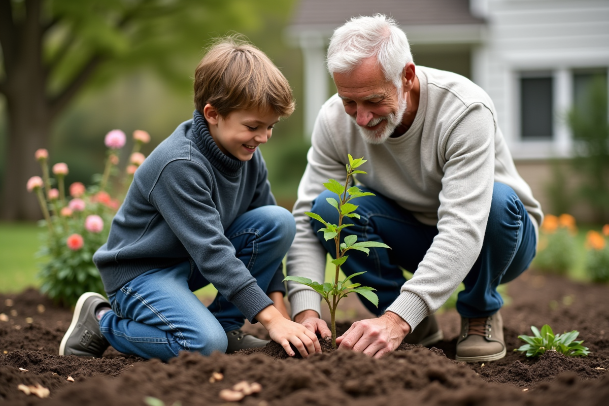 Grand-pere et adolescent plantant un jeune arbre dans le jardin
