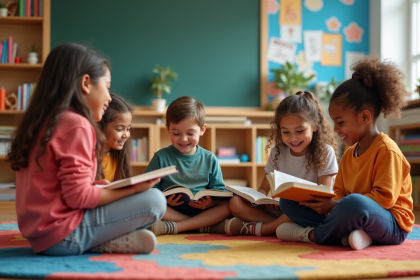 Groupe d'enfants souriants partageant des livres en classe