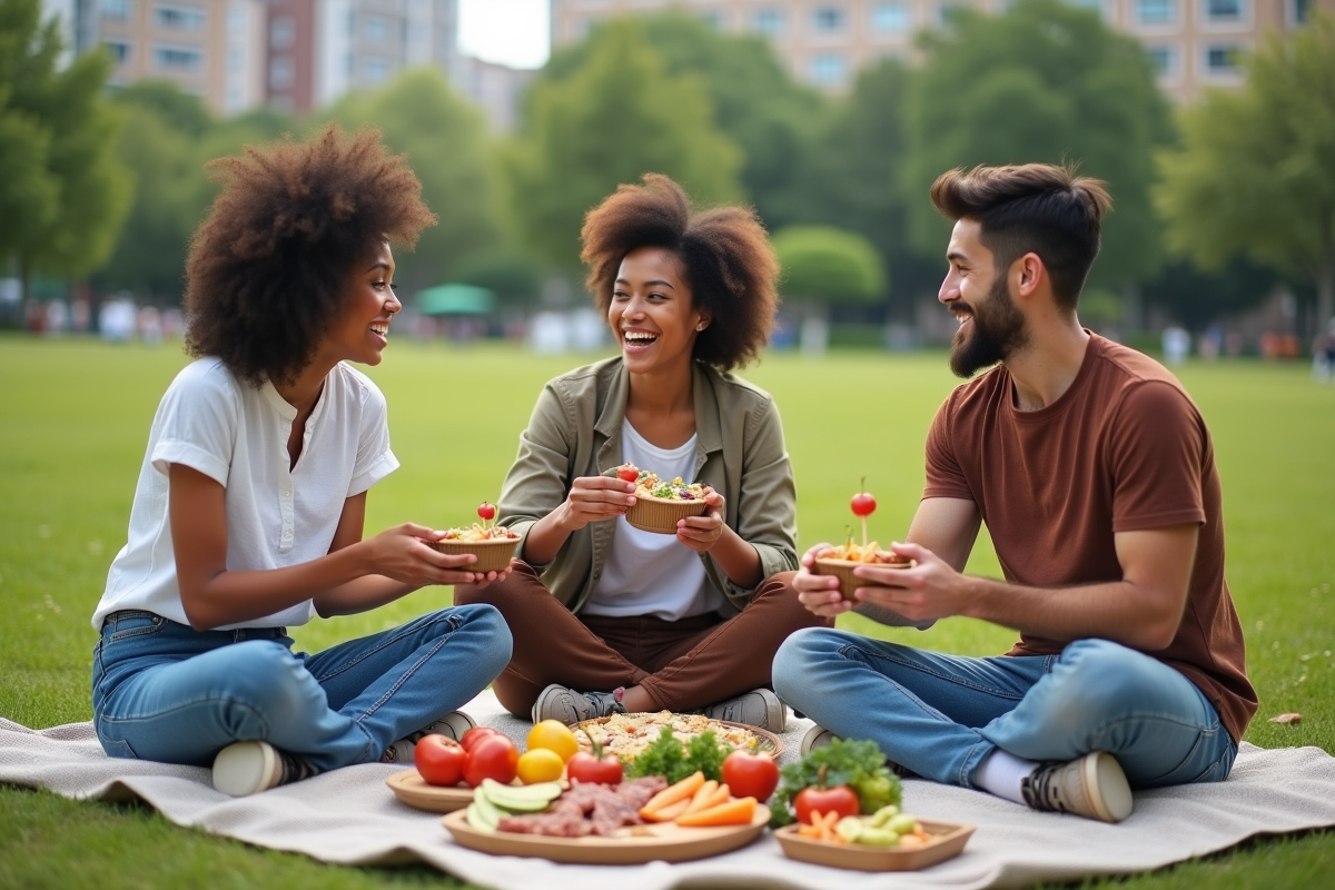 Groupe d amis partageant un pique-nique dans un parc