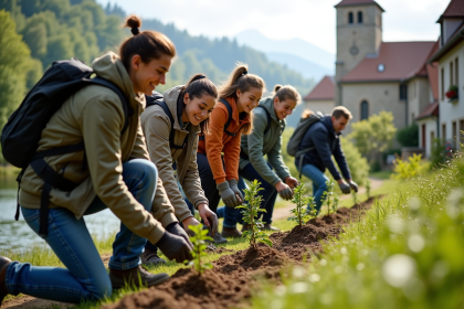 Groupe divers de volontaires plantant des arbres au bord de la rivi&egrave;re