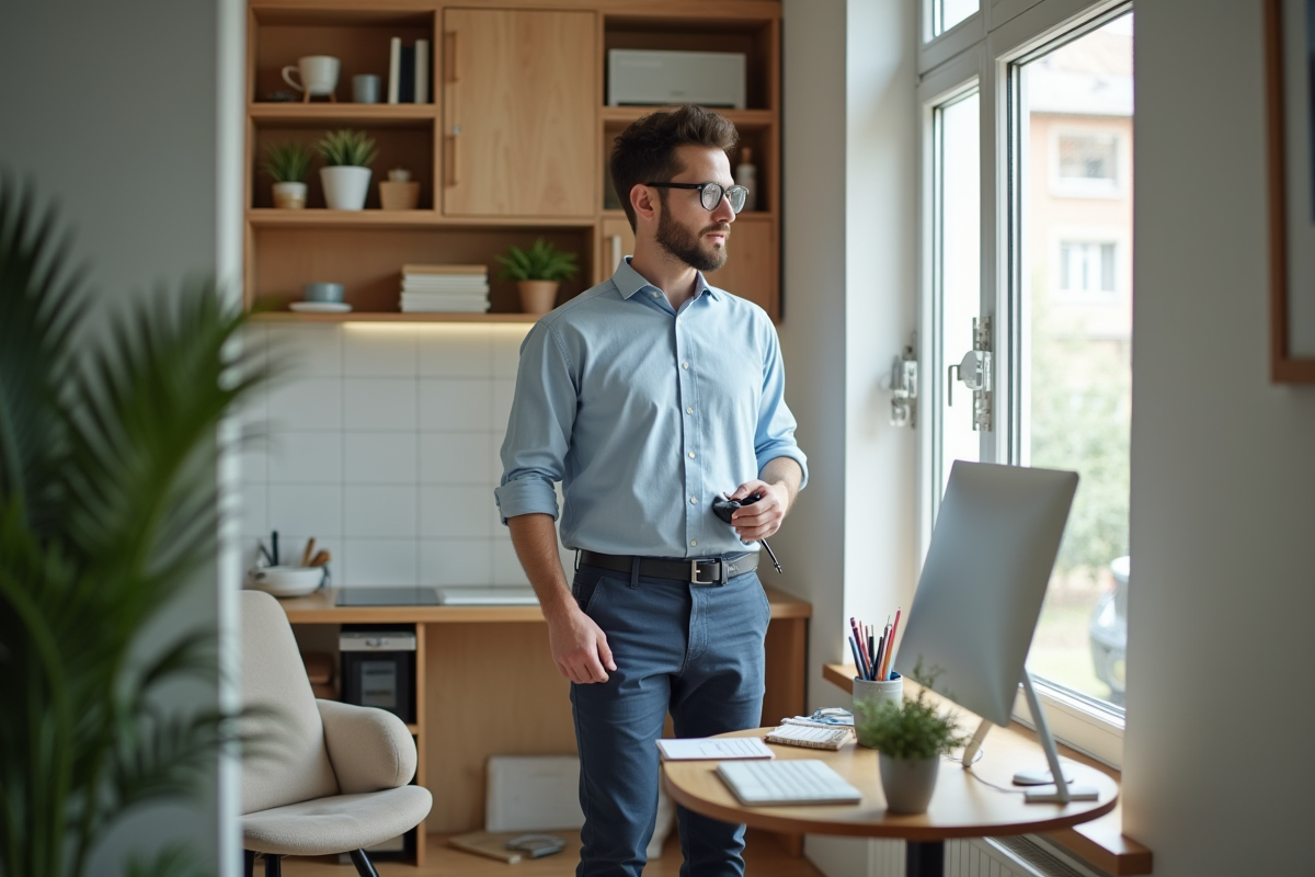 Homme ajustant ses accessoires de bureau à domicile