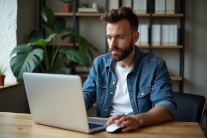 Homme concentré travaillant sur son ordinateur dans un bureau à domicile