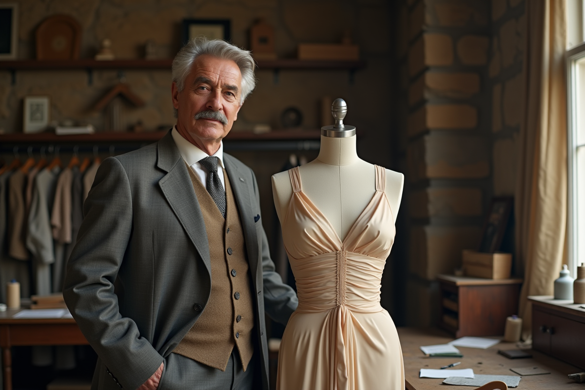 Homme créateur de mode avec robe vintage dans atelier parisien