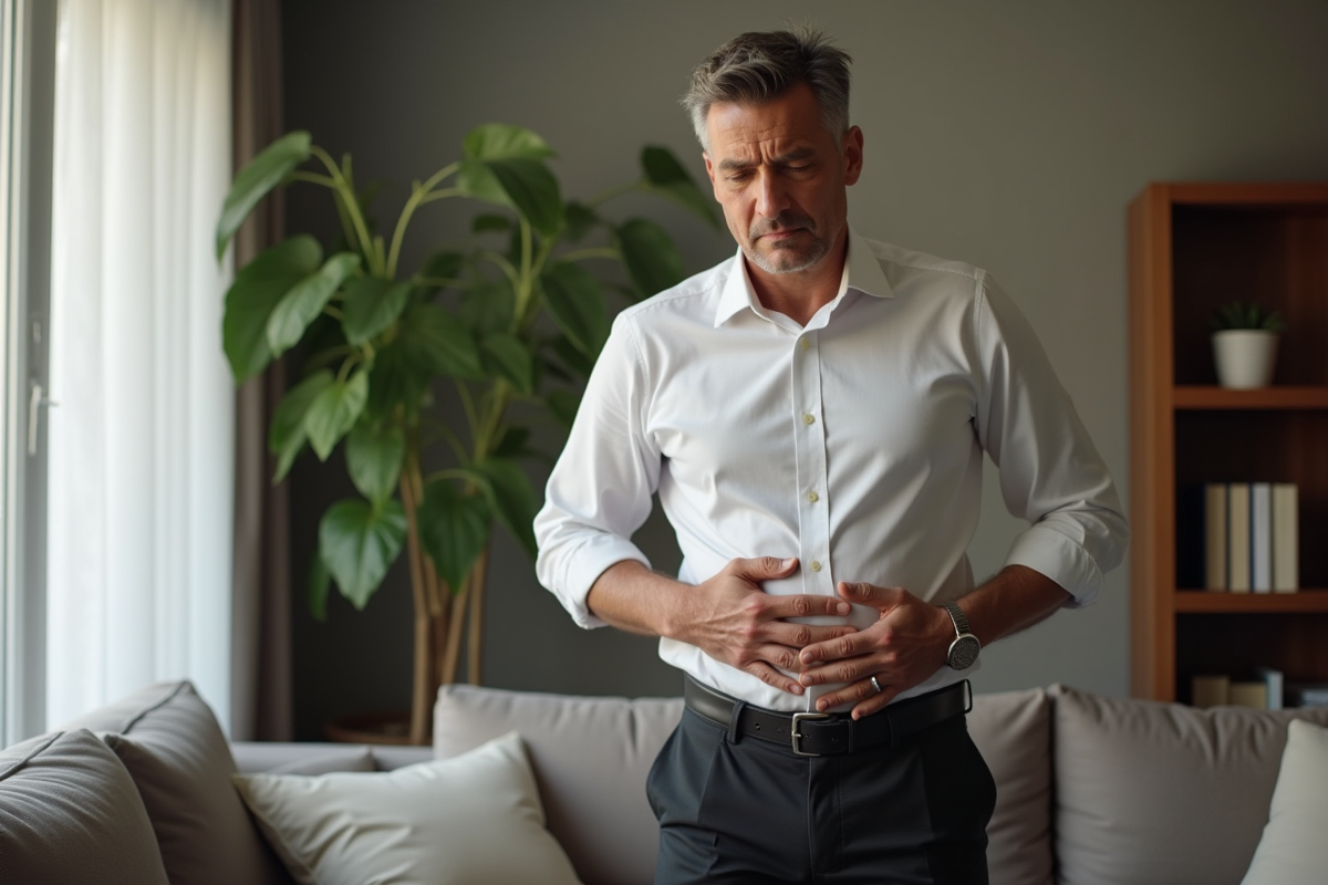 Homme d age moyen tenant son ventre dans un salon chaleureux
