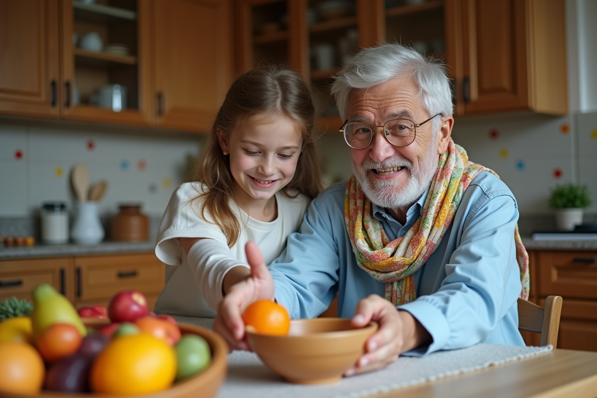 Homme âgé partageant un fruit avec une jeune fille en cuisine