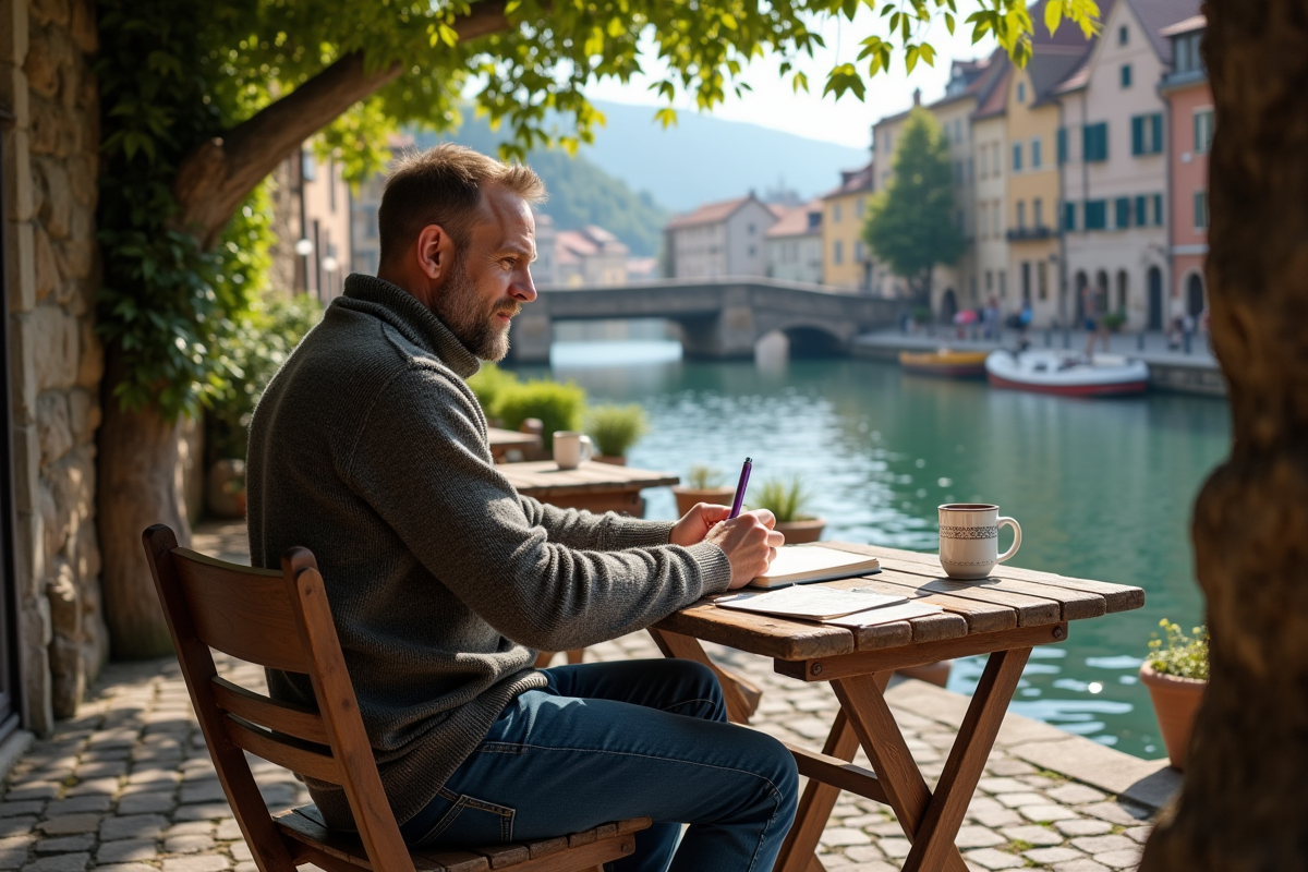 Homme méditant au café au bord de la rivière dans un village ancien