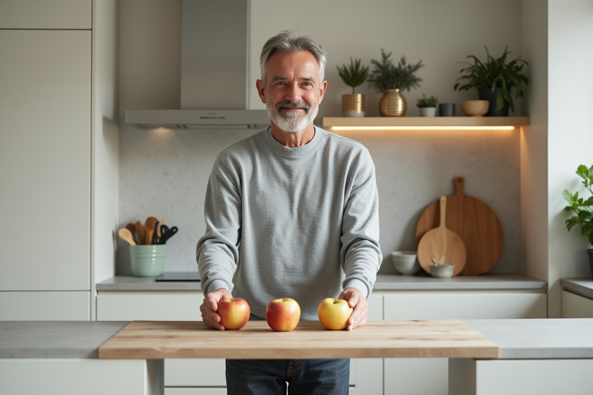 Homme arrangeant des pommes dans une cuisine épurée