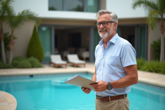 Homme avec dossier près de piscine dans jardin résidentiel